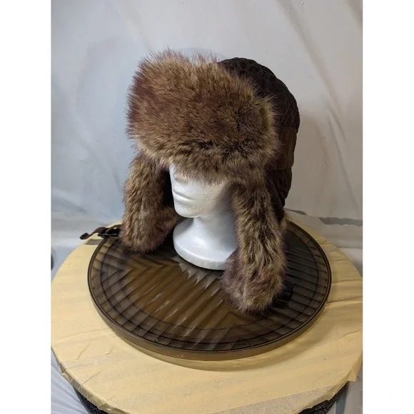 Concept One Accessories Brown Quilted Trapper Hat Faux Fur Aviator Bomber Cap - Picture 9 of 10